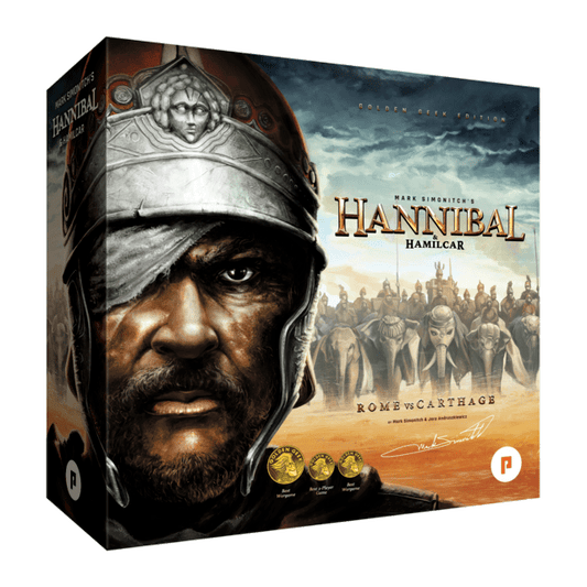 Box art for Phalanx's Hannibal & Hamilcar: Golden Geek Edition shows a helmeted warrior up close, with armored soldiers and a dramatic sky behind. Several award icons are visible on the 2-player board game.