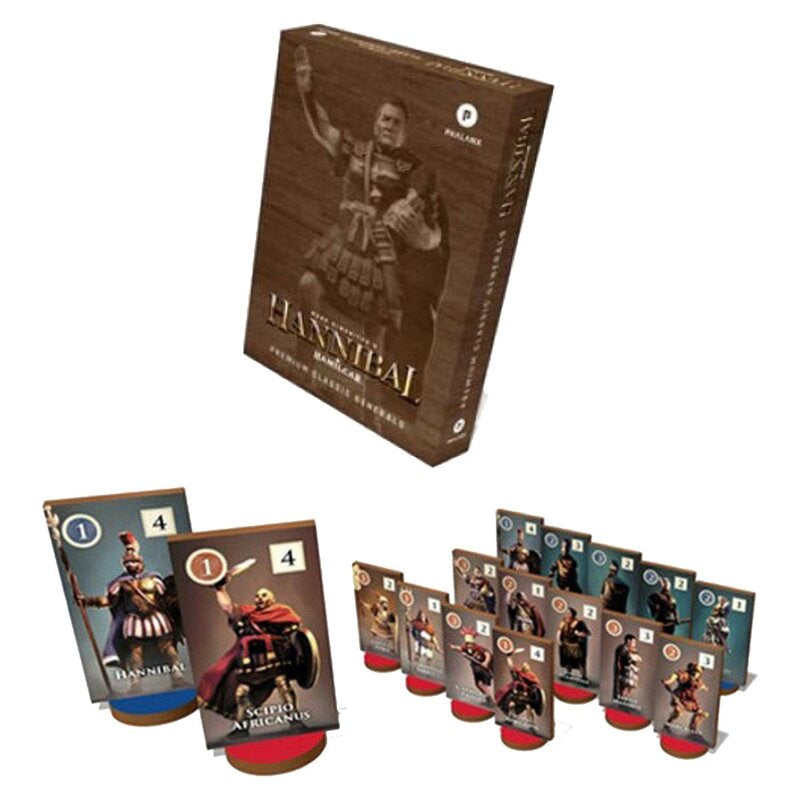 Phalanx’s Hannibal & Hamilcar: Premium Classic Generals Miniatures features premium miniatures representing Roman and Carthaginian commanders, showcased with illustrated character standees and wooden game pieces in front of the box.