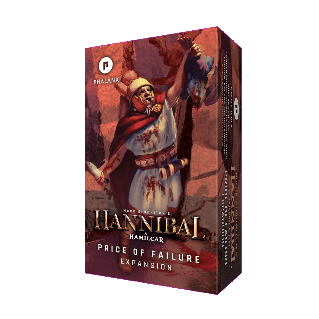 The game box for Phalanx's Hannibal & Hamilcar: Price of Failure Expansion shows a Roman soldier in a snowy, dramatic scene with bloodstained clothing and a defeated look—ideal for fans of this expansion.