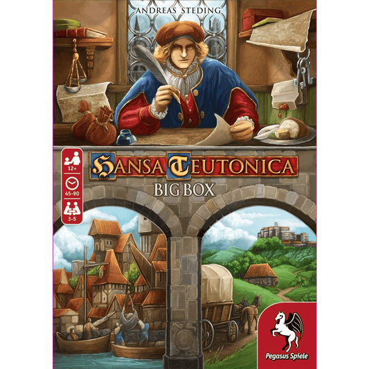 The Hansa Teutonica: Big Box EN/DE cover from Pegasus Spiele features a medieval merchant at a desk with coins and scrolls, with a town scene below, highlighting this classic strategy board game.