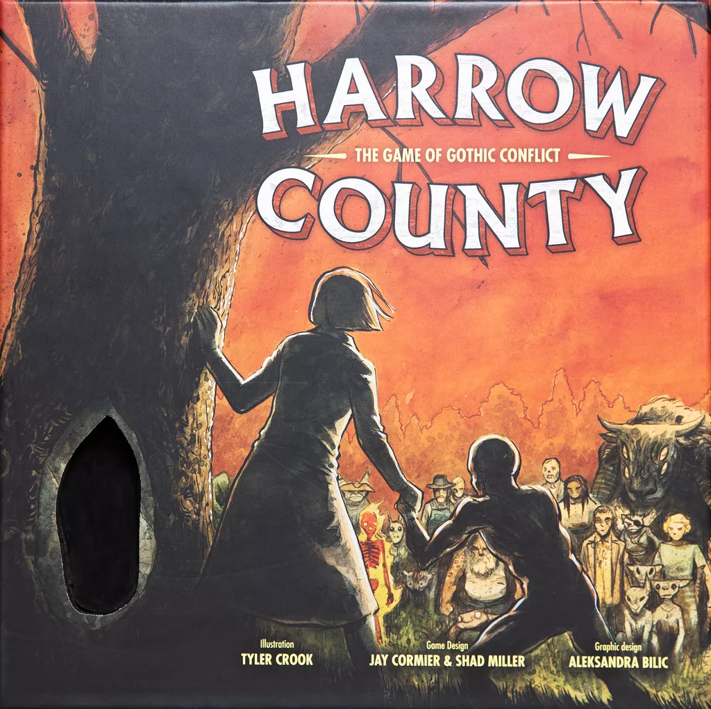 The Harrow County: The Game of Gothic Conflict box by Off the Page Games shows a woman and child holding hands, facing eerie figures under an orange sky; illustration credits are displayed at the bottom.