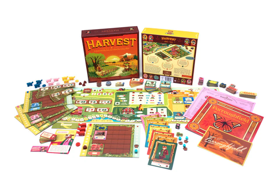 Harvest by Keymaster Games is a colorful farming strategy board game, shown with its game boards, cards, wooden tokens, player mats, rulebooks, and assorted pieces spread around the open game box and its back cover.