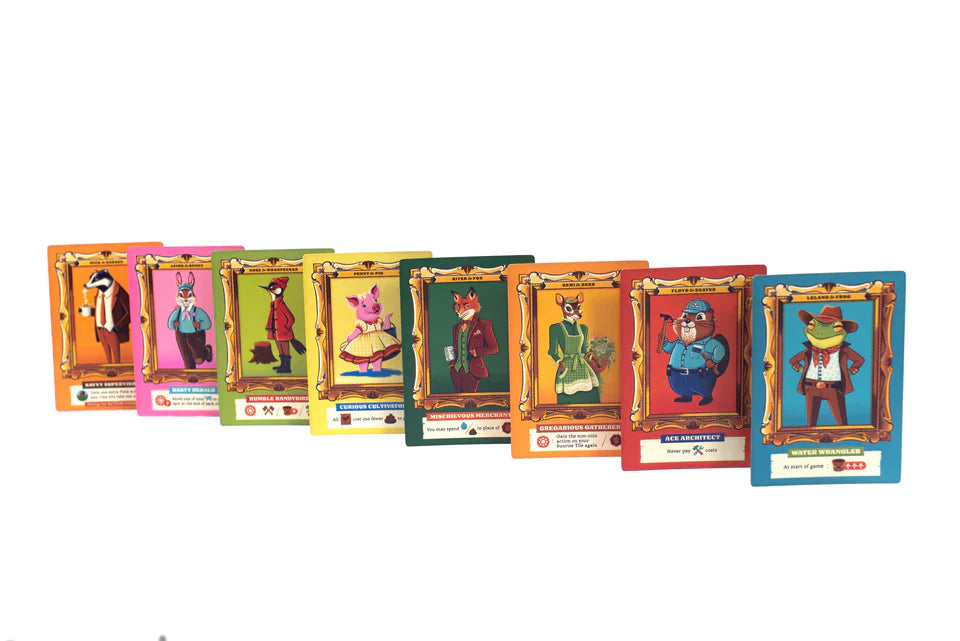 A row of seven vibrant Harvest cards from Keymaster Games' farming strategy game displays cartoon animals in costume, each with a unique border and resource icons, standing upright against a white background.
