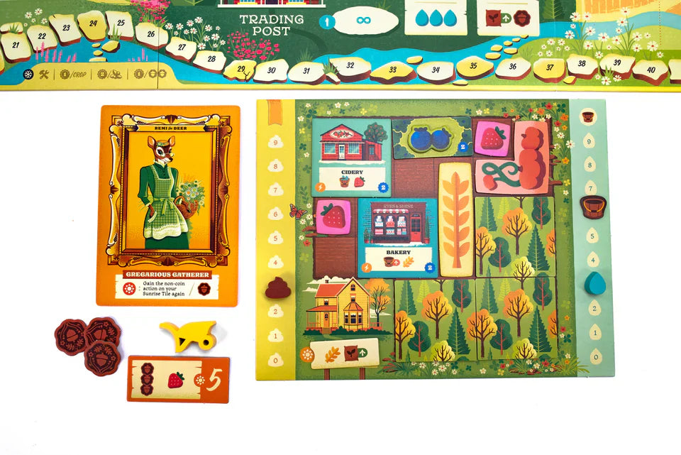The Harvest board game by Keymaster Games features a woodland-themed player board, a deer character card in a green dress, berry and mushroom resource tokens, and a yellow fox-shaped marker.