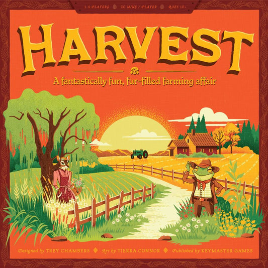 The illustrated cover for Harvest by Keymaster Games shows a fox in overalls watering crops as a frog leans on a fence, with a barn, tractor, and trees at sunset. Text says: A fantastically fun, fur-filled farming strategy game.