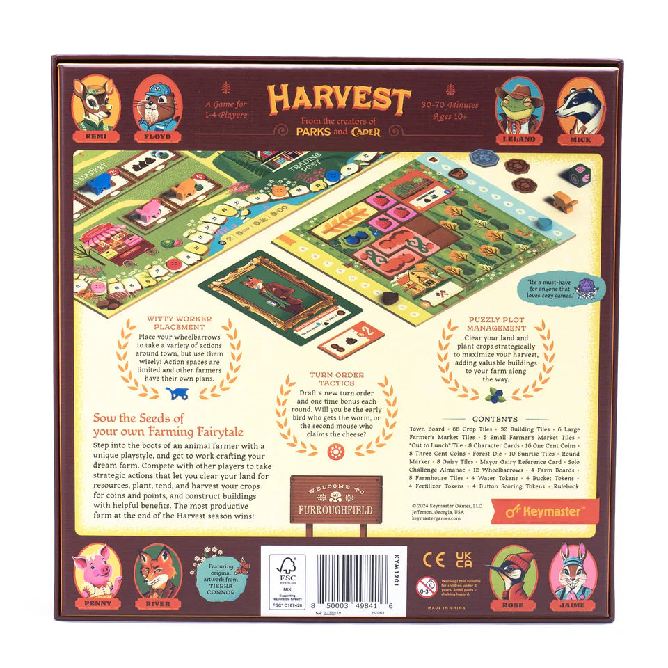 The back of the Harvest box by Keymaster Games displays a vibrant game board, pieces, character art, game overview, icons, and age ratings. Four animal characters appear in each corner of this colorful farming strategy board game.
