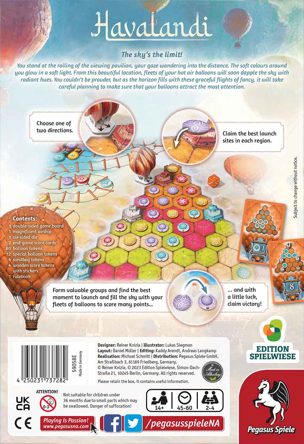 Back of the Havalandi box from Pegasus Spiele shows game info, illustrated hot air balloons, a viewing pavilion, a colorful hexagonal board, instructions, and publisher details.
