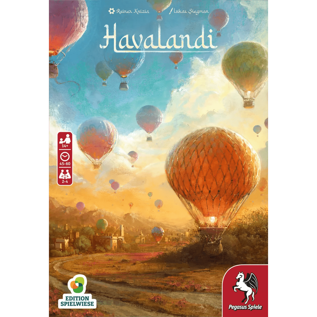 A vibrant illustration of hot air balloons rises over the countryside at sunrise, with "Havalandi" atop. Game info icons and Pegasus Spiele logos appear near a cozy viewing pavilion at the bottom and left.