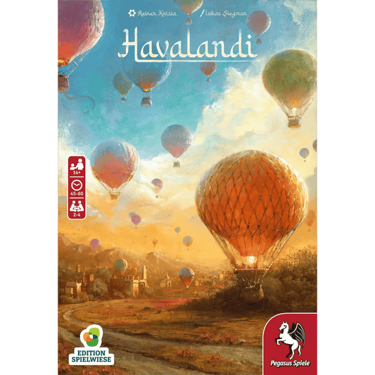 A vibrant illustration of hot air balloons rises over the countryside at sunrise, with "Havalandi" atop. Game info icons and Pegasus Spiele logos appear near a cozy viewing pavilion at the bottom and left.