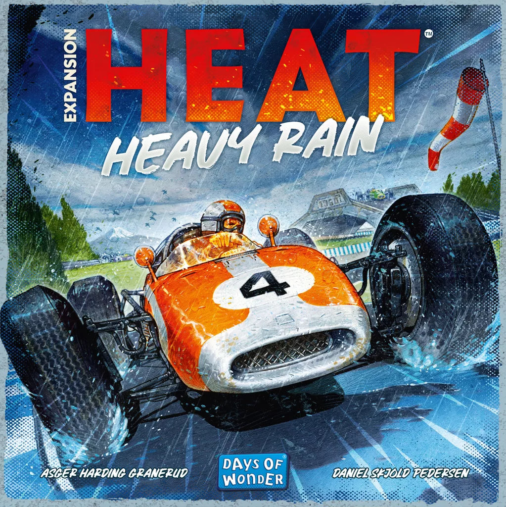 A number 4 race car speeds through rain on a blue track, water splashing, with a red-and-white windsock behind. The dynamic scene highlights Days of Wonder’s Heat: Expansion Bundle racing board game.