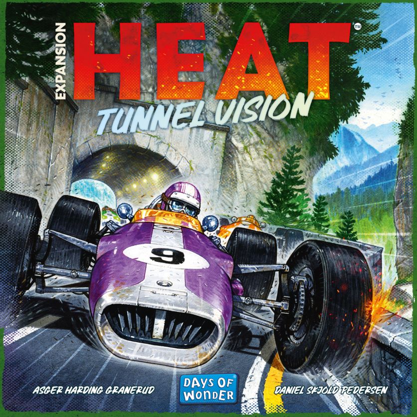 A vivid illustration of a purple race car speeding from a tunnel on a mountain road evokes the Spanish Grand Prix excitement, with Heat: Tunnel Vision Expansion and the Days of Wonder logo featured above and below.