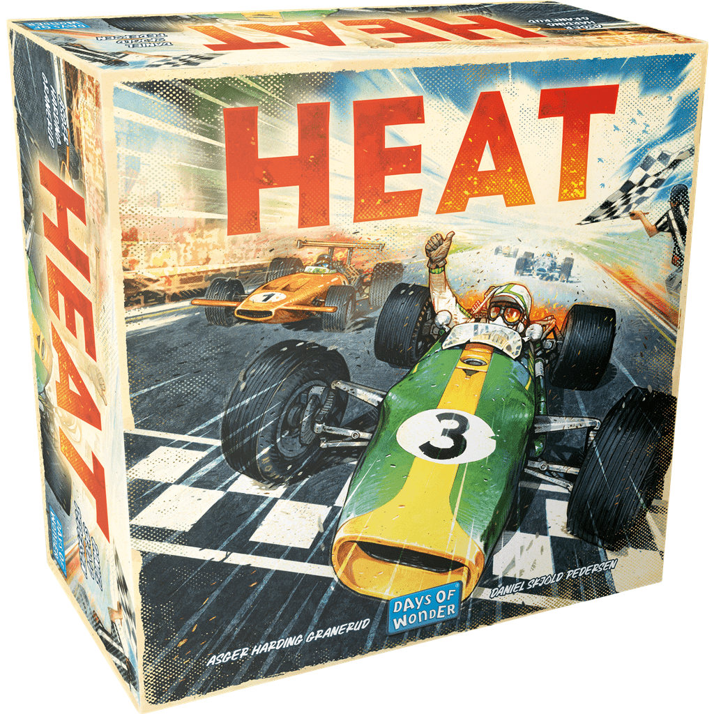 The image displays the box for Heat (Nederlandstalig) by Days of Wonder, featuring a vibrant illustration of a Formula 1 car crossing the finish line as the driver raises a fist in triumph, capturing the excitement of racing.