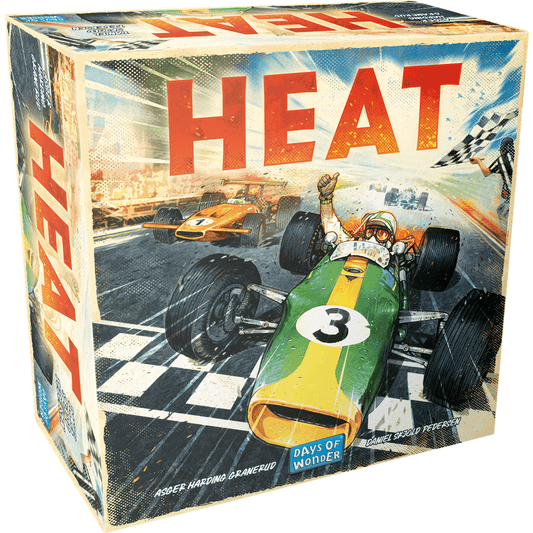 The image displays the box for Heat (Nederlandstalig) by Days of Wonder, featuring a vibrant illustration of a Formula 1 car crossing the finish line as the driver raises a fist in triumph, capturing the excitement of racing.