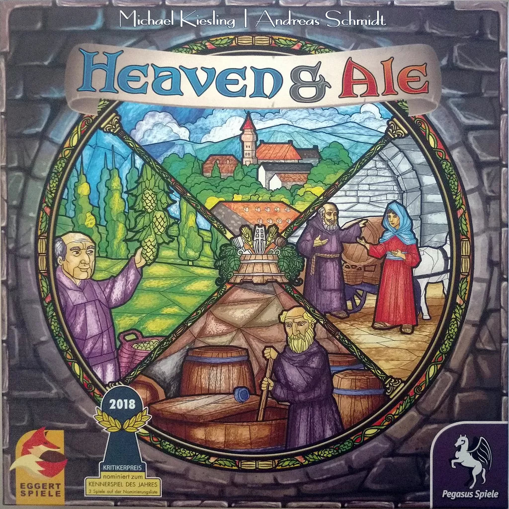 Cover art for Heaven & Ale (German Second Edition) by Pegasus Spiele, featuring monks brewing ale in a monastery with stained-glass windows, gardens, barrels, and medieval buildings. Publisher logos appear at the bottom corners.