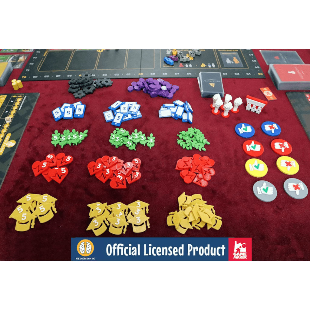 Hegemony - 3D Upgraded Components from Game Maker Team features vibrant tokens and figures organized on red felt. “Official Licensed Product” appears at the bottom with Game Maker Team and Game Market logos.