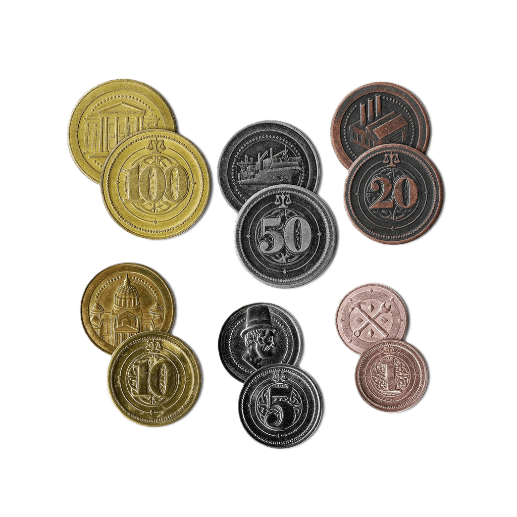 Eight deluxe metal coins from Hegemonic Project Games, featuring denominations from 1 to 100 and unique designs, make Hegemony: Deluxe Metal Coins a perfect upgrade for any board game.