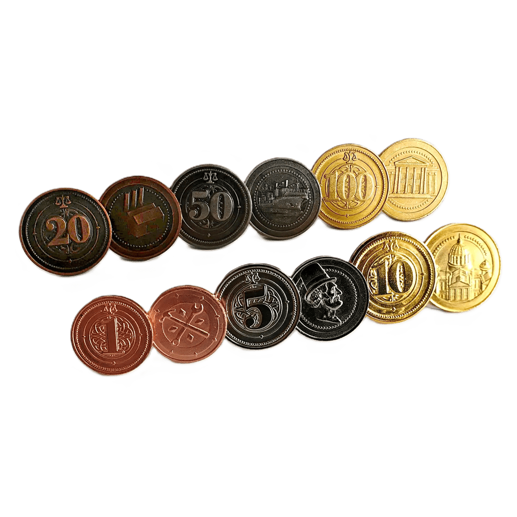 Twelve Hegemony: Deluxe Metal Coins by Hegemonic Project Games in copper, silver, and gold—each with unique numbers and embossed designs—are arranged in two rows on a white background, perfect for enhancing your board game sessions.