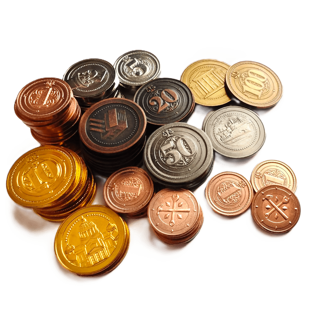 Stacks of Hegemony: Deluxe Metal Coins by Hegemonic Project Games in gold, copper, bronze, and silver are displayed on a white surface, showcasing premium embossed symbols and intricate designs for board game enthusiasts.