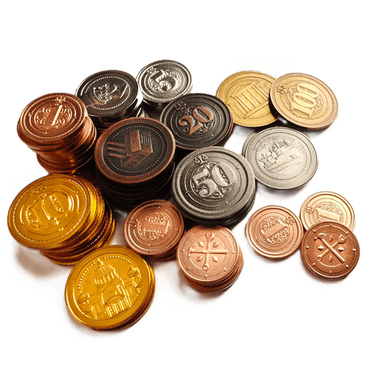 Stacks of Hegemony: Deluxe Metal Coins by Hegemonic Project Games in gold, copper, bronze, and silver are displayed on a white surface, showcasing premium embossed symbols and intricate designs for board game enthusiasts.