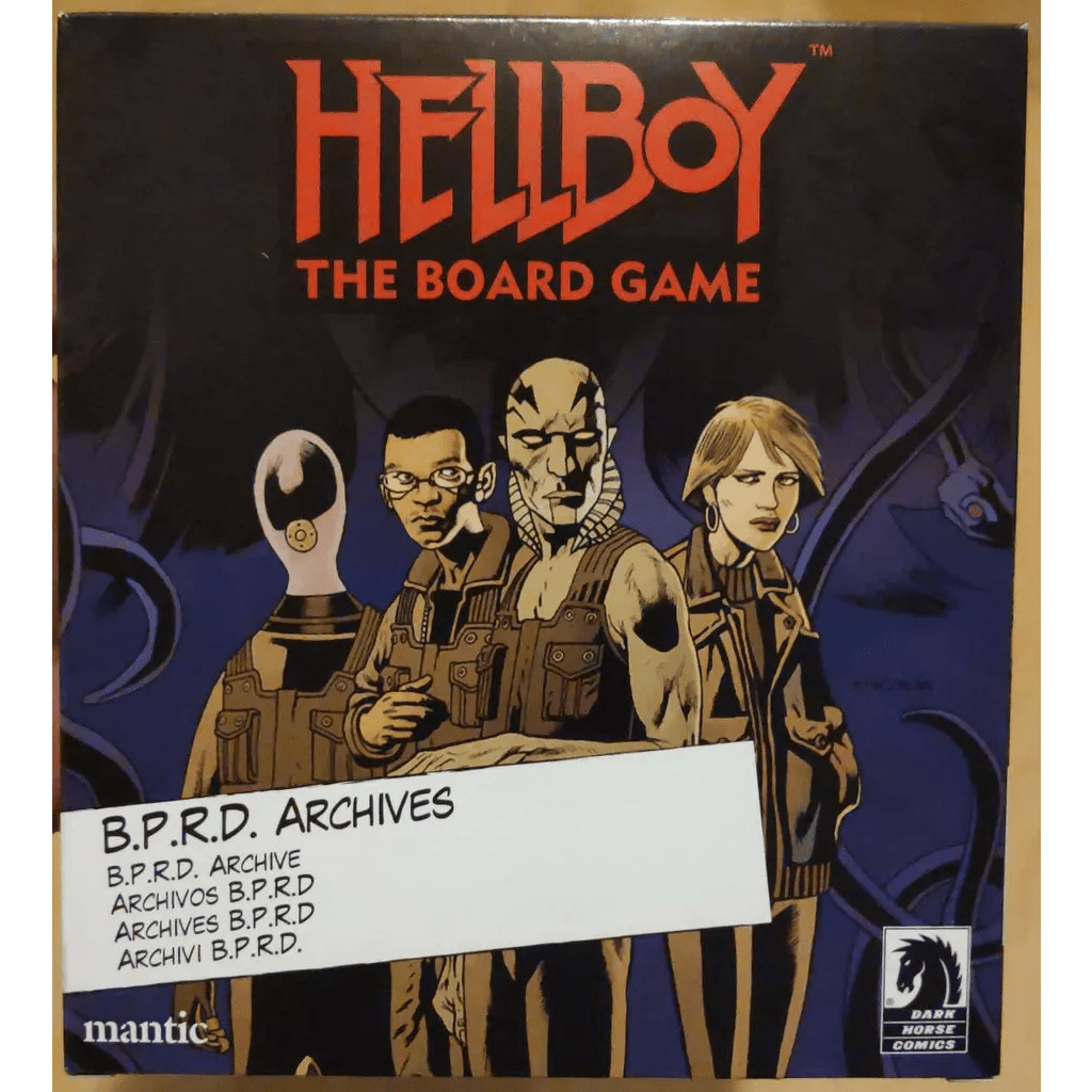 The box cover of Hellboy: The Board Game – BPRD Archives Expansion by Mantic Games features four illustrated characters against a dark background, bold red "Hellboy" text, and a white “BPRD Archives Expansion” label at the bottom.