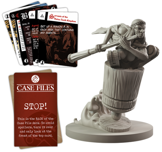 A plastic figurine of a leaping character is displayed beside a stack of Hellboy: The Board Game – Baba Yaga Monster Booster cards from Mantic Games, including a "Case Files" warning card to help players avoid spoilers.