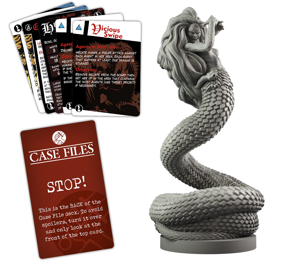 Game cards—including Vicious Swipe—and a Case Files card marked STOP! are spread out next to a gray serpent figurine from the Hellboy: The Board Game – Hecate Monster Booster by Mantic Games.