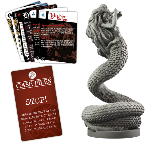 Game cards—including Vicious Swipe—and a Case Files card marked STOP! are spread out next to a gray serpent figurine from the Hellboy: The Board Game – Hecate Monster Booster by Mantic Games.