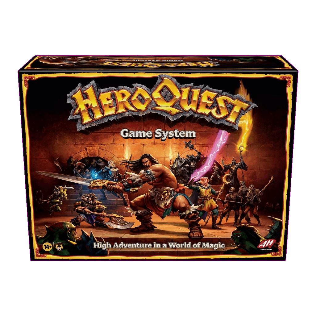 The box cover of Hasbro's HeroQuest (2021 Edition) shows fantasy heroes battling monsters in a dungeon, capturing this classic board game's excitement with the title and tagline "High Adventure in a World of Magic" prominently displayed.