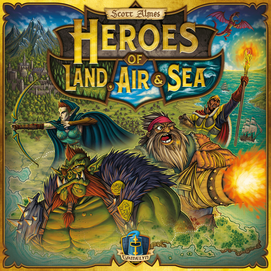 Gamelyn’s Heroes of Land, Air & Sea board game features a fantasy cover with a castle, elf archer, dwarf warrior, human mage casting fire, and two orcs—highlighting epic miniatures and classic 4X strategy.