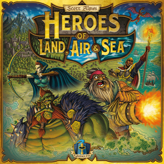 Gamelyn’s Heroes of Land, Air & Sea board game features a fantasy cover with a castle, elf archer, dwarf warrior, human mage casting fire, and two orcs—highlighting epic miniatures and classic 4X strategy.