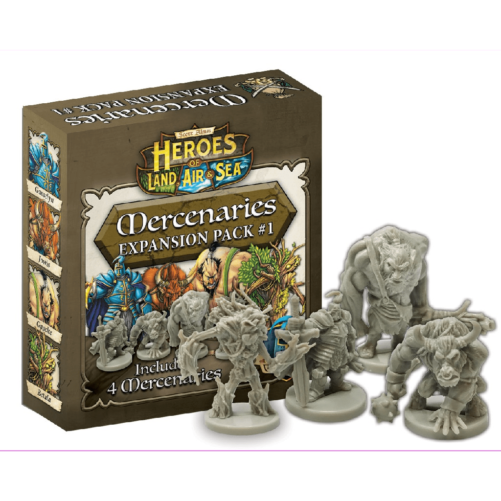The Gamelyn Heroes of Land, Air & Sea: Mercenaries Expansion Pack #1 includes four detailed gray mercenary miniatures and features character artwork on the box, perfect for enhancing your board game expansion.