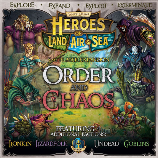 Gamelyn’s Heroes of Land, Air & Sea: Order and Chaos Expansion adds four new fantasy factions—lionkin, lizardfolk, undead, and goblins—plus support for 5-6 players to this 4X board game.