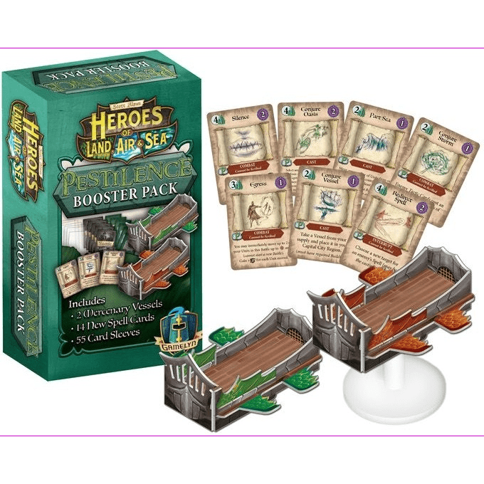 The image displays the Heroes of Land, Air & Sea: Pestilence Booster Pack by Gamelyn, featuring illustrated cards and two detailed 3D ship miniatures, with all included game components shown together.