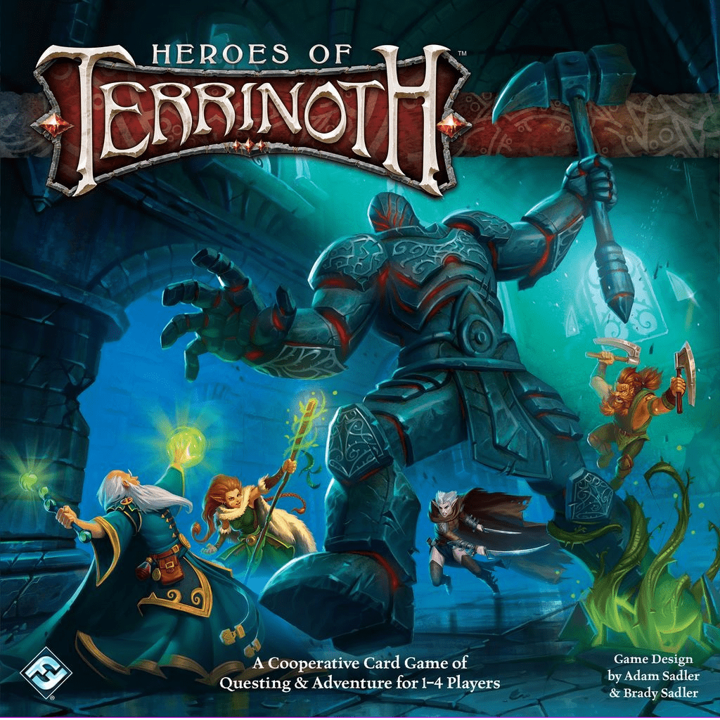 Four fantasy heroes confront a stone golem with glowing red veins in a dungeon on the cover of Heroes of Terrinoth, an epic cooperative card and adventure board game from Fantasy Flight Games.