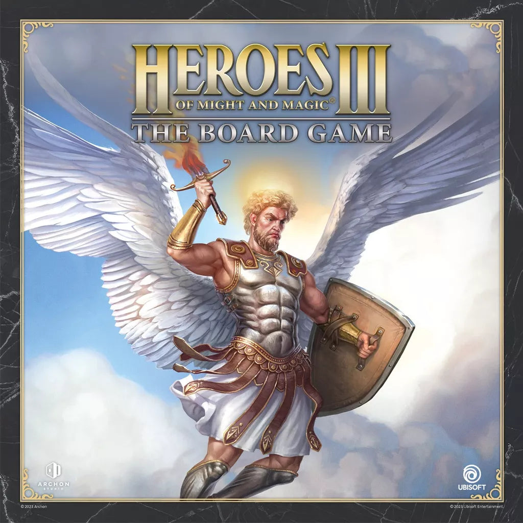 A muscular, armored angel with large white wings holds a glowing sword and shield against a cloudy sky. The text reads Heroes of Might & Magic III: The Board Game, an epic fantasy board game by Archon Studio. Brand logo is at the bottom.
