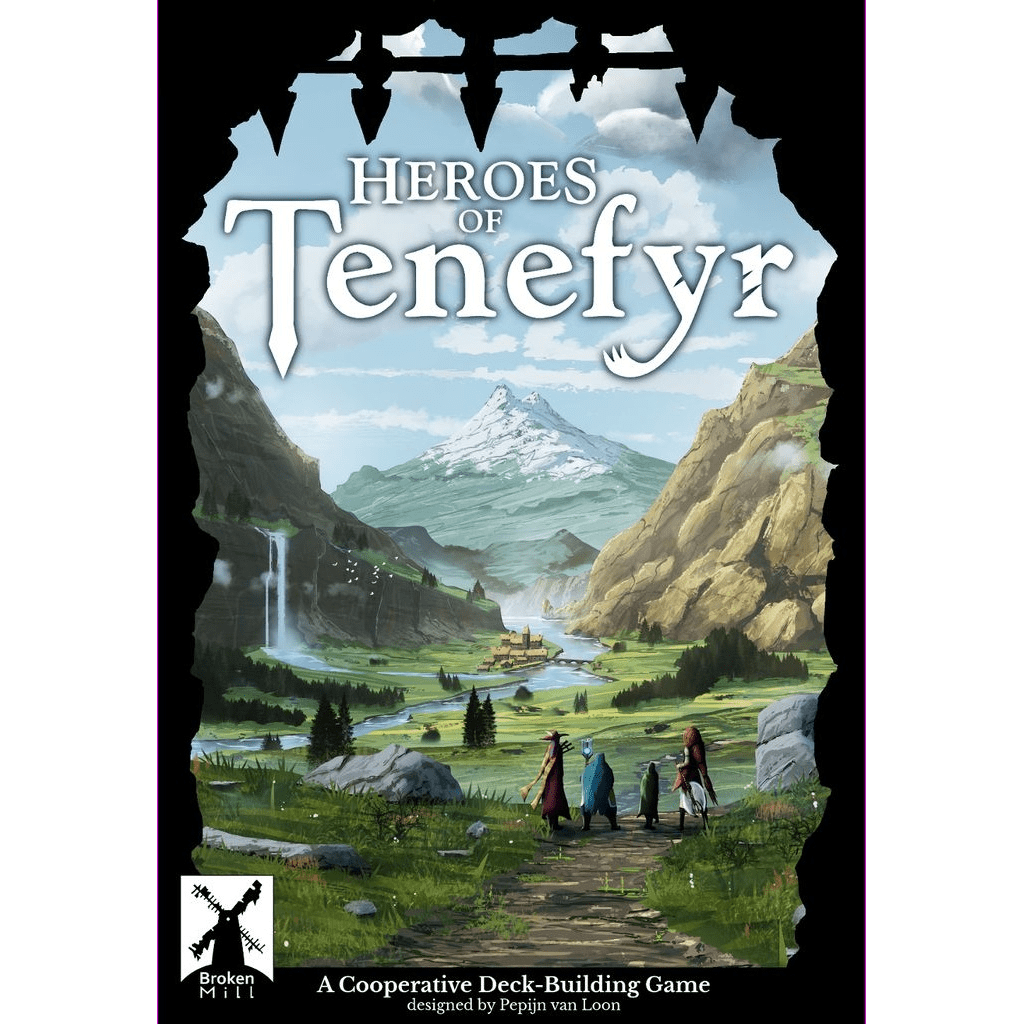 Four adventurers approach a village in a green valley with tall mountains and a snowy peak under a dramatic sky. Above them, the Heroes of Tenefyr title by Broken Mill, a cooperative deck-building game, is displayed.