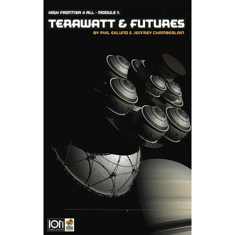 A spacecraft with multiple engines floats near a ringed planet on the cover of Ion Game Design’s High Frontier 4 All Bundle (core game plus Modules 1, 2, & 3), a renowned space board game by Phil Eklund and Jeffrey Chamberlain.