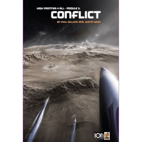 Cover art for High Frontier 4 All Bundle by Ion Game Design depicts a futuristic, barren landscape with rocket ships in the foreground and a distant city under dramatic clouds. Bundle includes core game and Modules 1, 2, & 3.