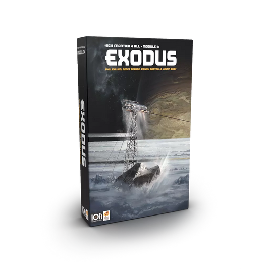The image features the game box for High Frontier 4 All: Module 4: Exodus by Ion Game Design, with sci-fi art of a ship on ice and a distant planet, indicating it’s an expansion module for High Frontier 4 All.
