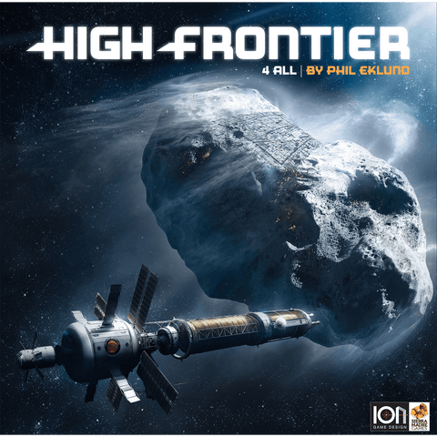 A spacecraft floats in space near a rocky asteroid. At the top is the title "High Frontier 4 All Bundle" (core game + Modules 1, 2 & 3) by Ion Game Design, with their logo in the bottom right corner.