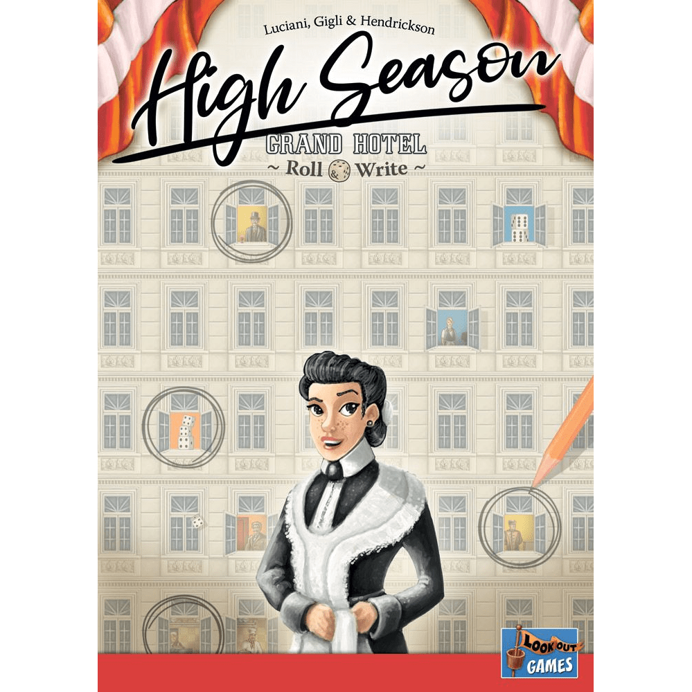 Board game cover for High Season: Grand Hotel Roll & Write shows a formally dressed figure before a grand hotel facade with enlarged windows and red curtains. The Lookout Games logo is in the corner of this elegant board game.