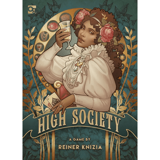 Illustrated cover of High Society by Osprey Games: A woman in vintage attire holds a glass, surrounded by gold jewelry, playing cards, and ornate decor on a teal background.