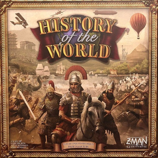 The History of the World - édition française by Z-Man Games is a captivating jeu de civilisation. Its box displays ancient and medieval warriors, leaders in battle, and historic landmarks, with the game's title showcased at the top.