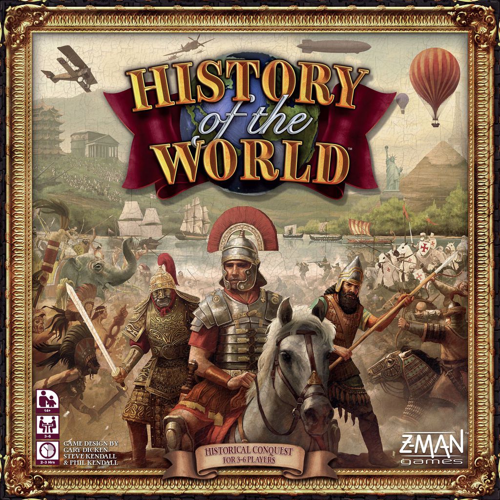 Board game cover for "History of the World" by Z-Man Games, showing ancient warriors, a Roman soldier on horseback, pyramids, the Colosseum, and a hot air balloon—evoking the epic empire-building strategy of this classic game.