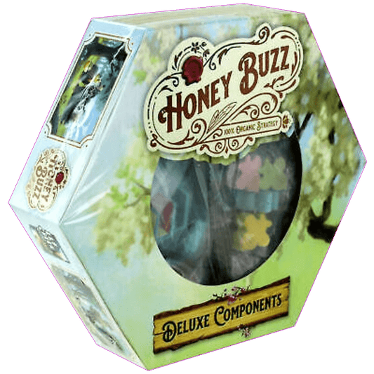 Elf Creek Games' Honey Buzz Deluxe Components come in a hexagonal box with floral art, a red rose, and a window showing vibrant resin pollen tokens plus game pieces shaped like bees and honeycombs.