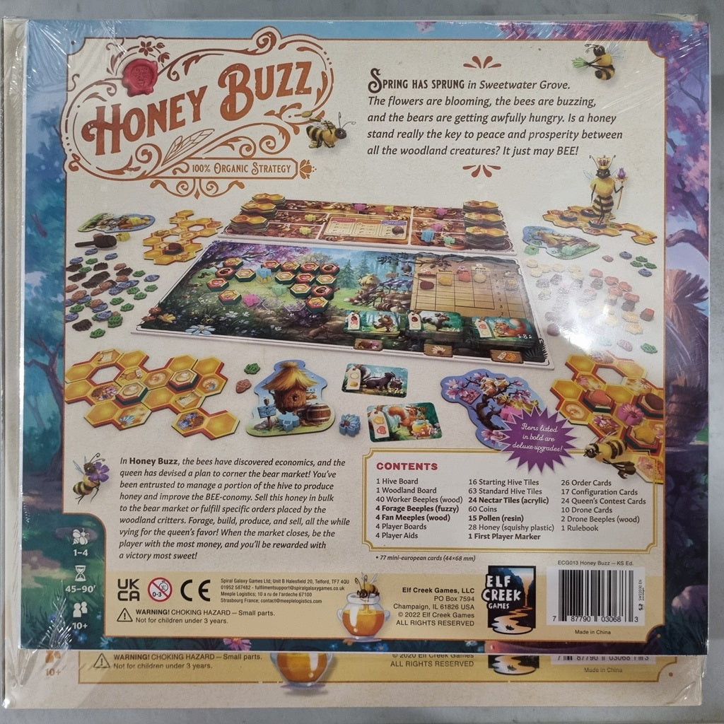 The back of the Honey Buzz Deluxe Edition box by Elf Creek Games displays vibrant hex tiles, tokens, cards, and a main board. Text highlights this worker bee placement game focused on bees crafting honey and growing prosperity.