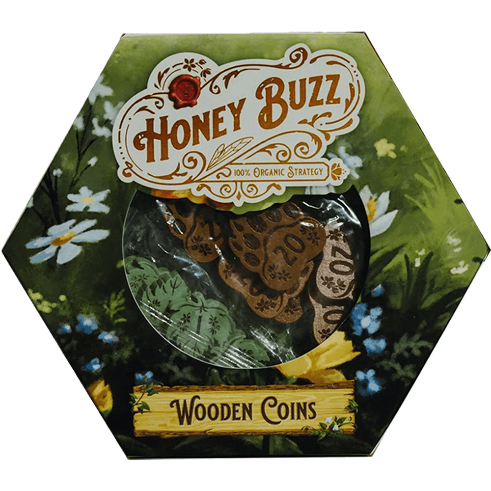 Hexagonal box with floral art and "Honey Buzz" label at the top. Inside are Honey Buzz Wooden Coins by Elf Creek Games, shaped and numbered—ideal as wooden board game coins or for your Honey Buzz Wooden Coins Expansion.