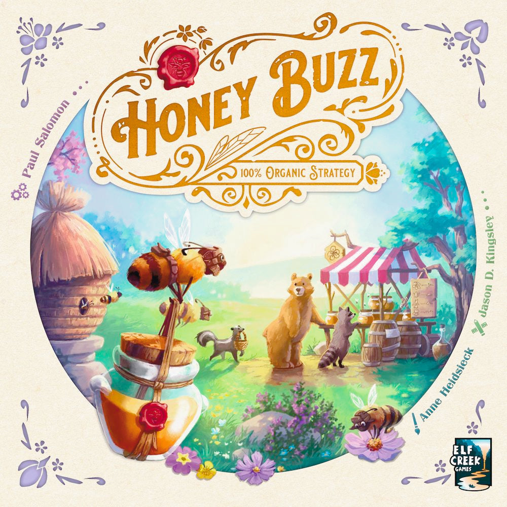The Honey Buzz board game by Elf Creek Games features a vibrant cover with a bear, raccoon, and fox at a honey stand. In this worker bee placement game, honeycomb tiles, jars, and wildflowers surround the title on top.