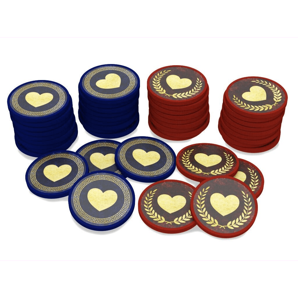Chip Theory Games’ Hoplomachus: Premium Health Chips feature blue chips with Greek key borders and red chips with laurel wreaths, both adorned with gold heart designs—ideal for your next arena upgrade.