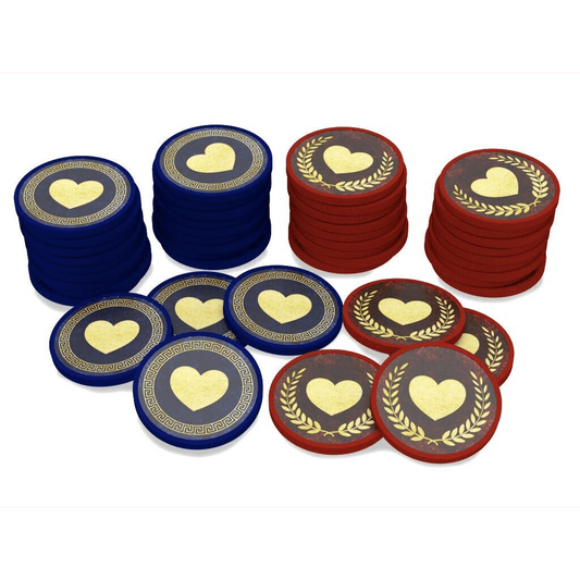 Chip Theory Games’ Hoplomachus: Premium Health Chips feature blue chips with Greek key borders and red chips with laurel wreaths, both adorned with gold heart designs—ideal for your next arena upgrade.